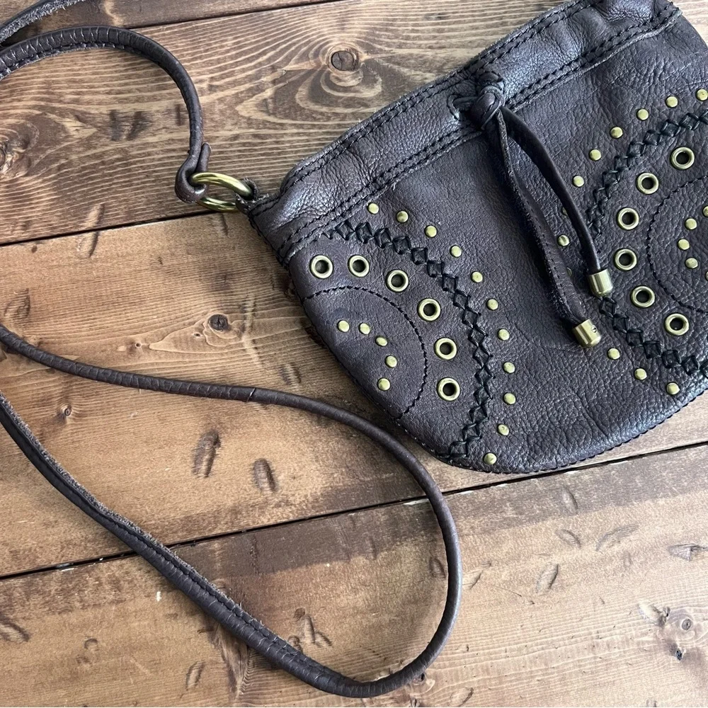 Fossil Small Brown Leather Crossbody Embellished Studded Purse Boho Festival Bag - Picture 3 of 15